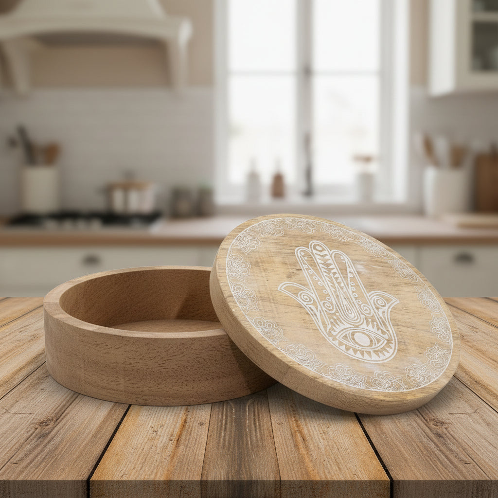 Hamsa Whitewash Round Box (17.5 × 7.5 cm) from Rise & Sage – Protection, Peace & Artisan Spirit