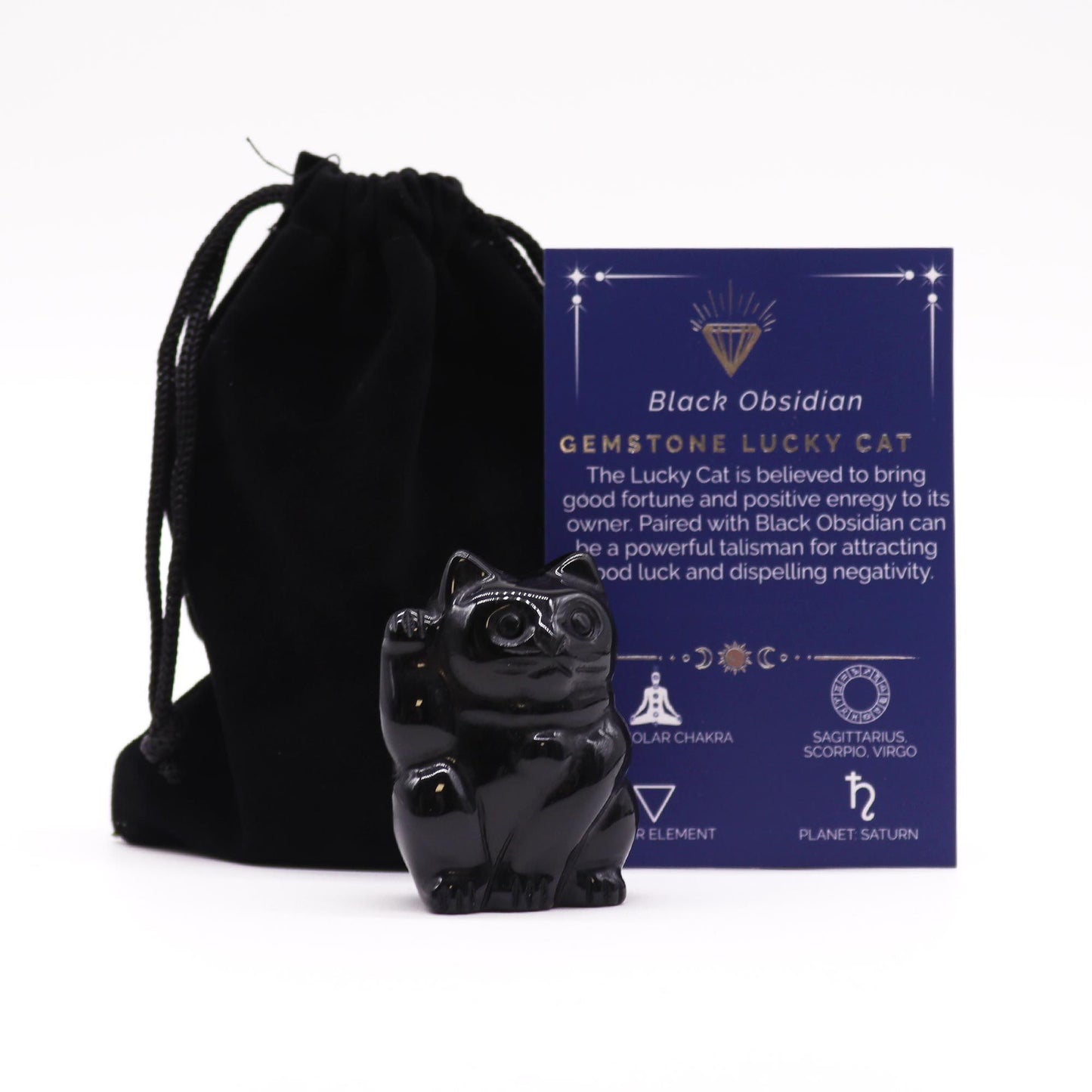 Gemstone Lucky Cat with Black Obsidian | Protection, Luck & Grounding