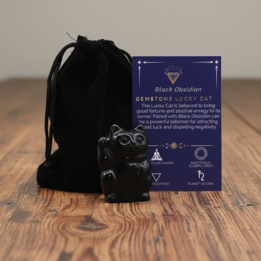 Gemstone Lucky Cat with Black Obsidian from Rise & Sage – Protection, Luck & Grounding