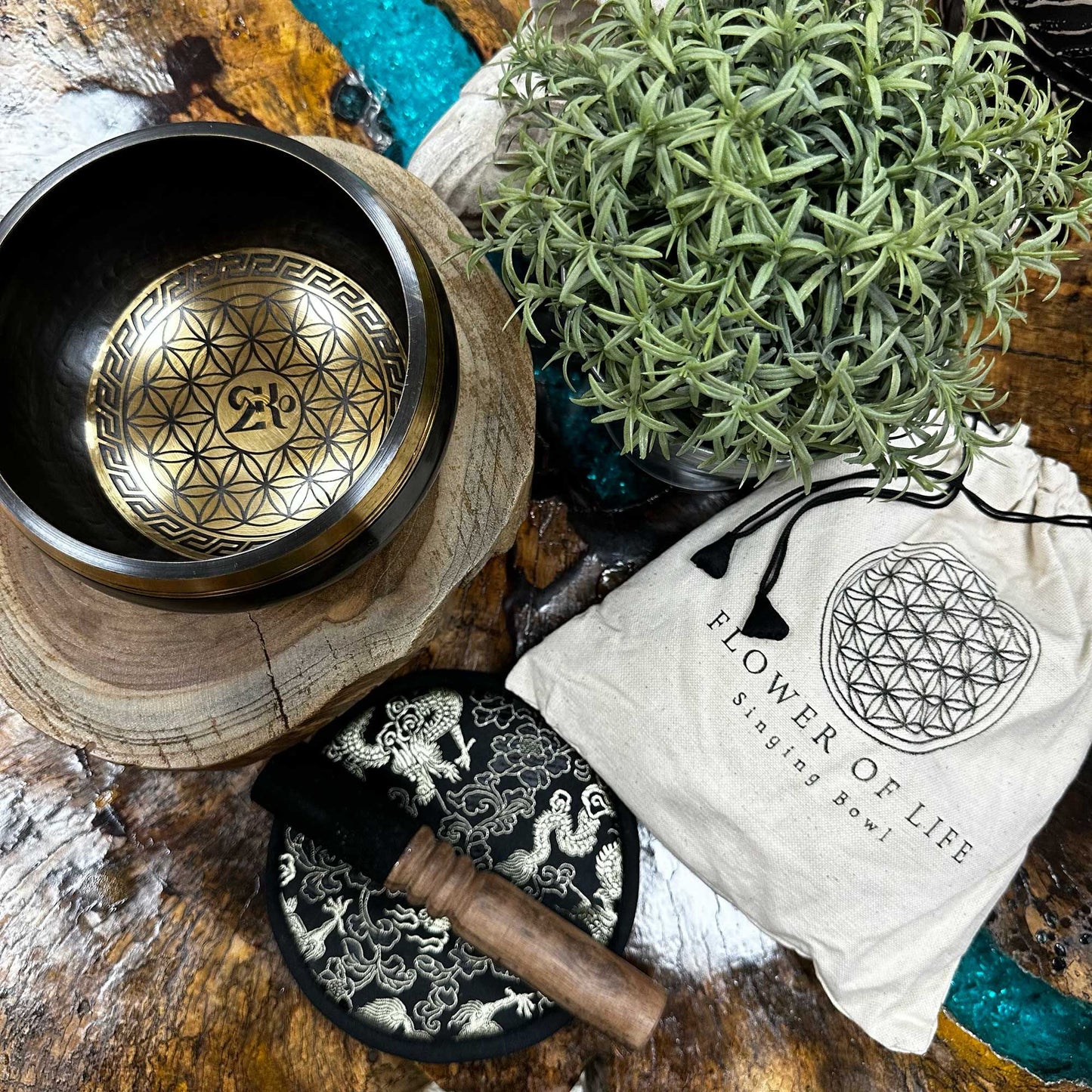 Hand-Beaten & Engraved Singing Bowl Gift Set | Flower of Life | Stillness & Renewal | 3