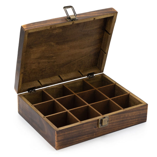 Mango Wood Carved Tea Box from Rise & Sage – 12 Compartments of Calm