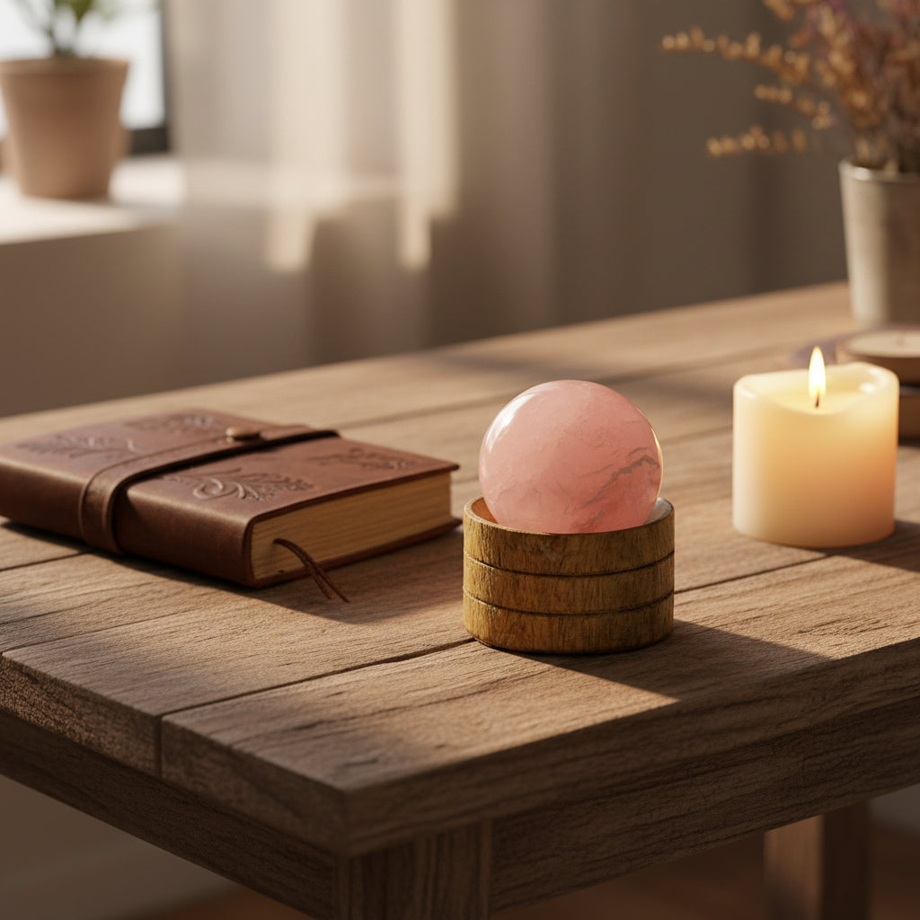 Gemstone Sphere with Rose Quartz from Rise & Sage – Love, Healing & Harmony