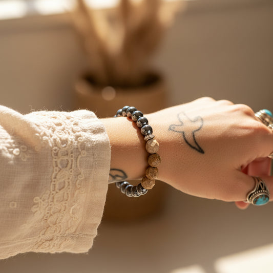 Faceted Picture Jasper and Magnetic Hematite Bracelet from Rise & Sage – Grounding, Strength & Steady Energy