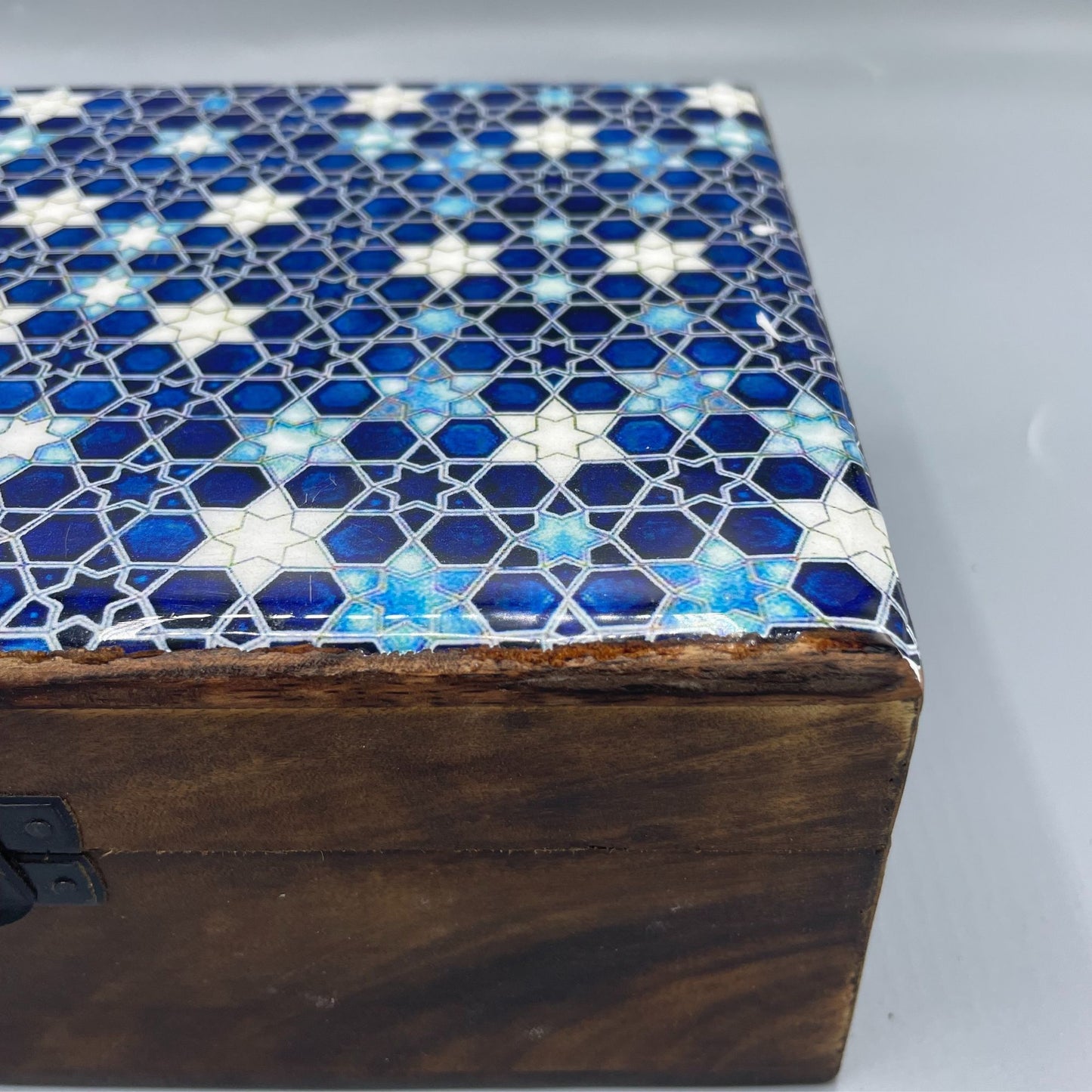 Large Ceramic Glazed Wood Box – Blue Stars | Protection, Mystery & Celestial Craft | 3