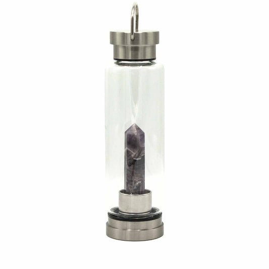 Crystal Infused Glass Water Bottle from Rise & Sage – Relaxing Amethyst, Obelisk