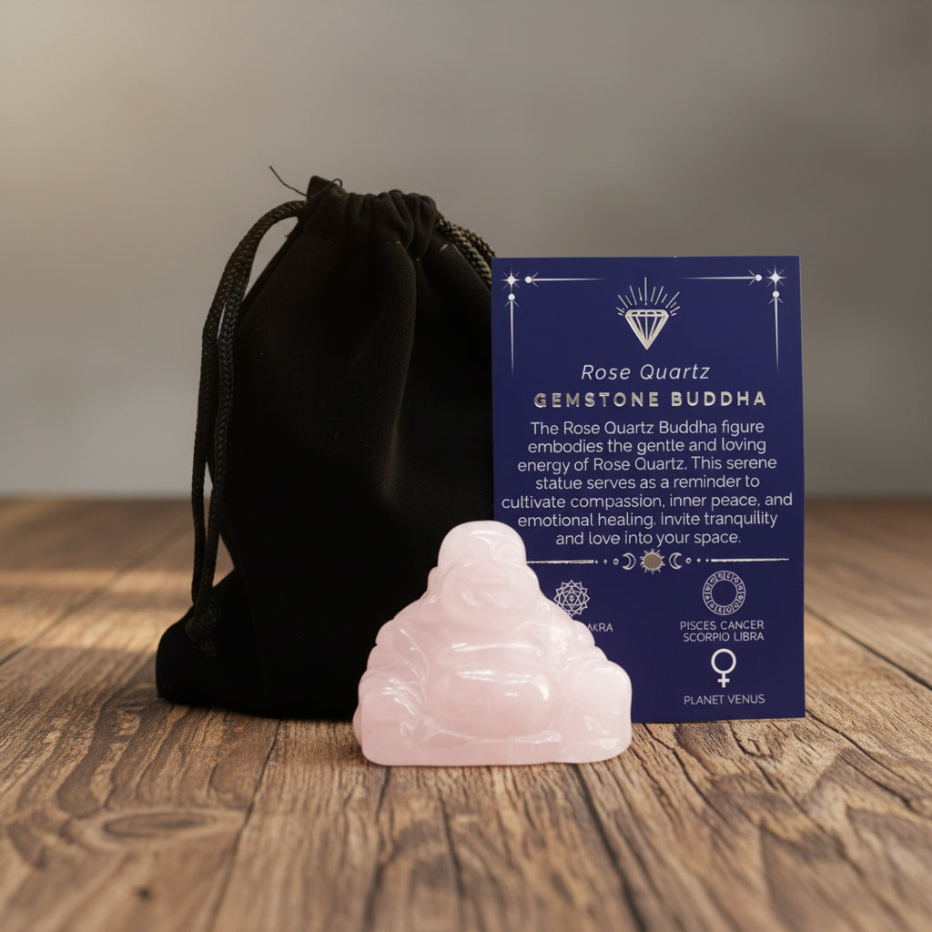 Gemstone Buddha Statue with Rose Quartz from Rise & Sage – Love, Healing & Compassion