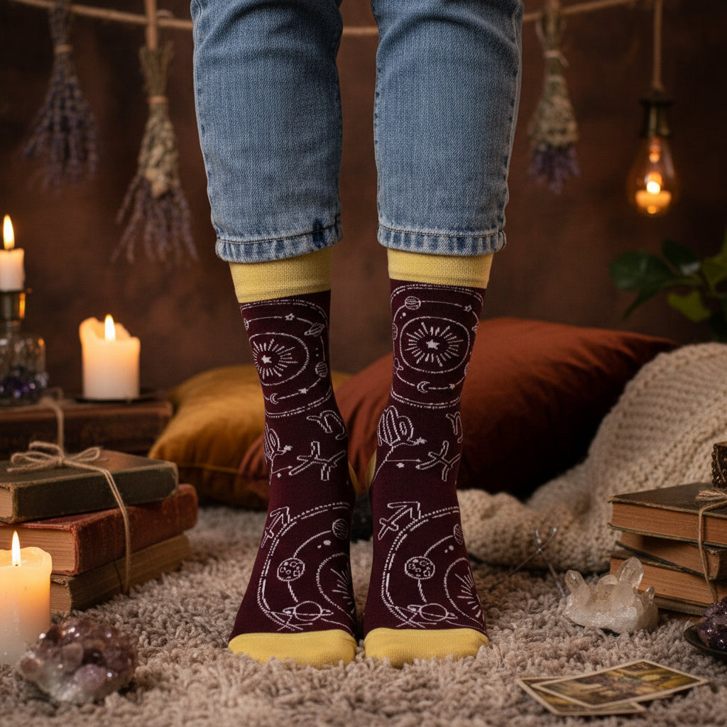 Zodiac themed bamboo socks in deep burgundy with yellow heel and toe, UK size 3.5 to 6.5.