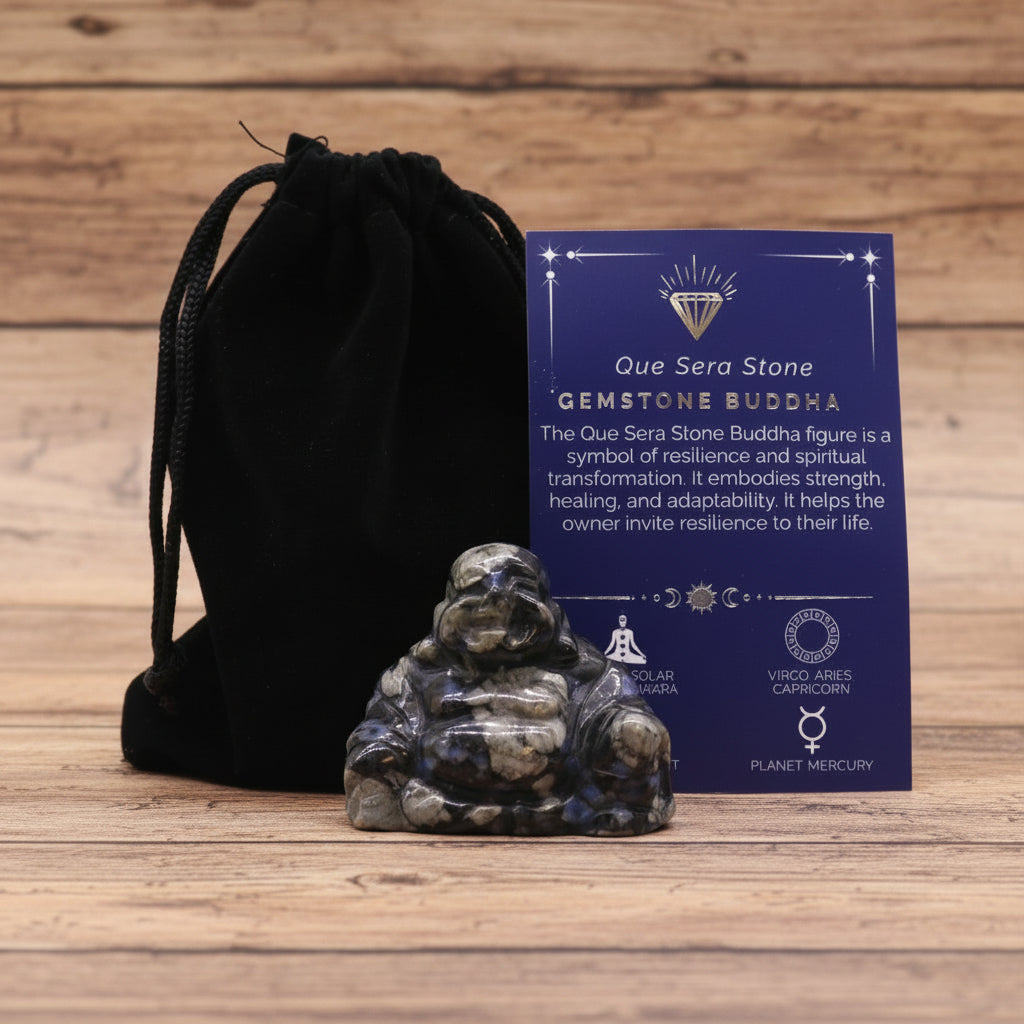 Gemstone Buddha Statue with Que Sera Stone from Rise & Sage – Strength & Surrender