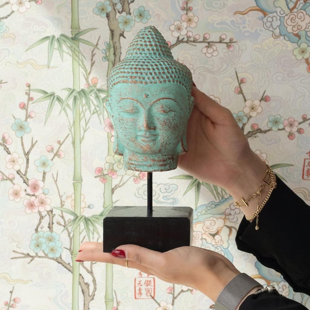 Stillness Buddha Head on Stand – Green Copper from Rise & Sage – Serenity, Wisdom & Timeless Balance