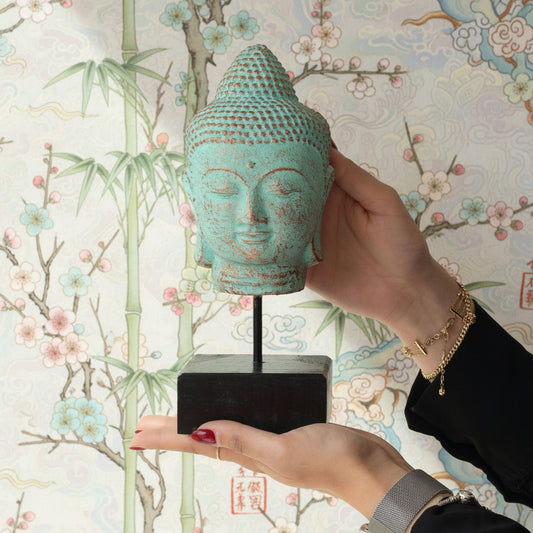 Stillness Buddha Head on Stand – Green Copper from Rise & Sage – Serenity, Wisdom & Timeless Balance