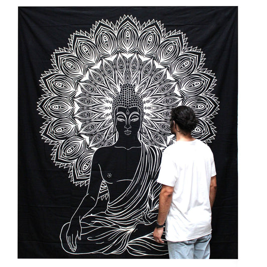 Black & White Double Cotton Bedspread + Wall Hanging – Buddha | Peace, Reflection & Artisan Craft | 2