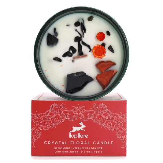 Hop Hare Crystal Magic Flower Candle – The Devil from Rise & Sage – Red Jasper, Black Agate & Blooming