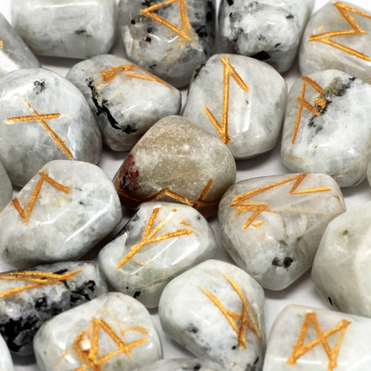 Runes Stone Set in Pouch – Rainbow Moonstone from Rise & Sage – Intuition, Clarity & Divine Guidance