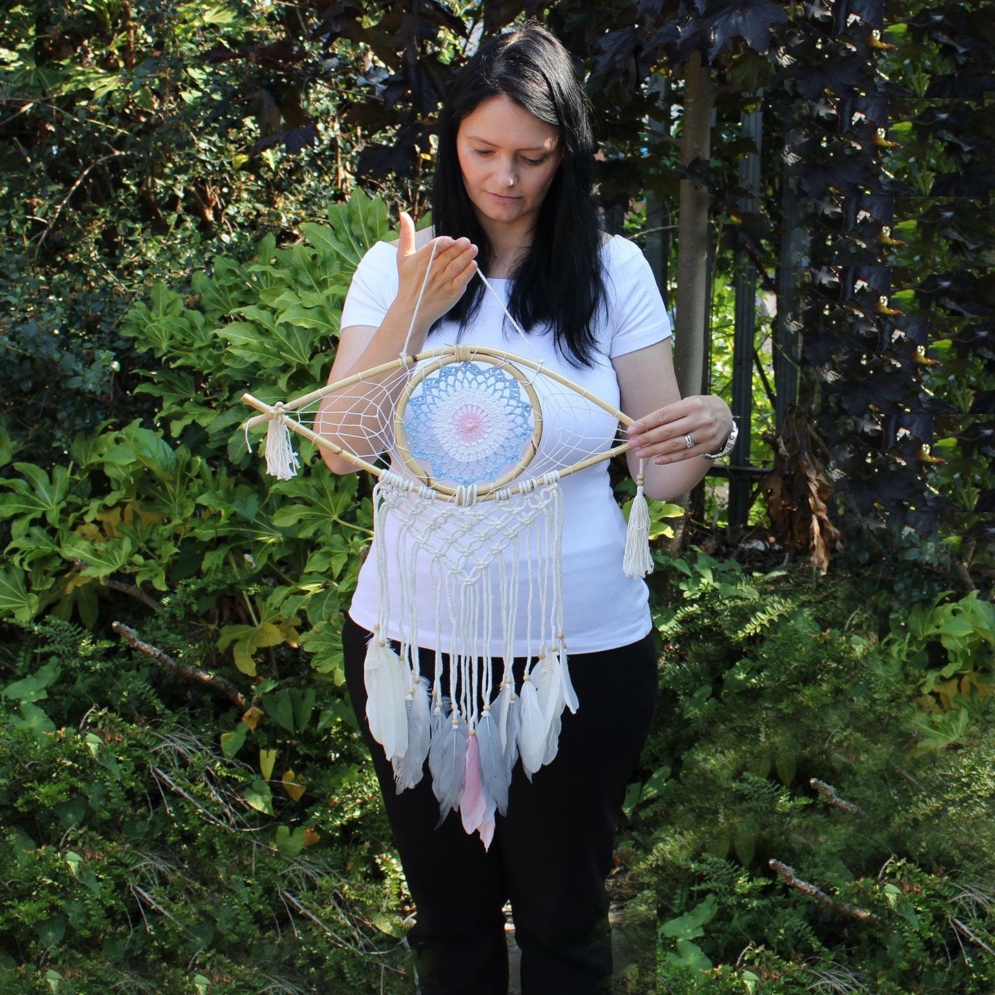 Protection Dream Catcher - Med Macrame Evil Eye White/ Grey/Brown | 3