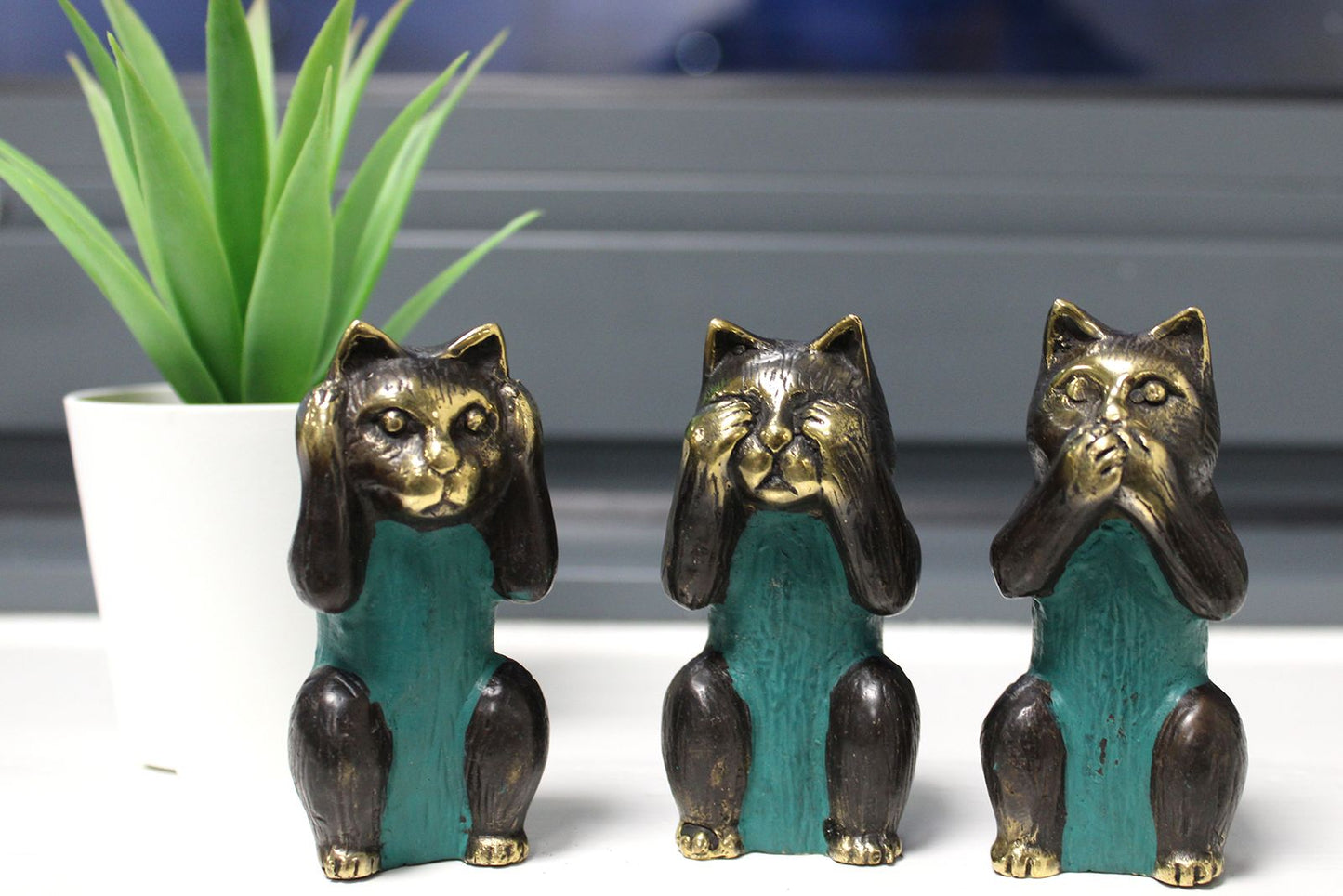Set of 3 Brass Cats – See No, Hear No, Speak No Evil | Wisdom, Whimsy & Protection | 4