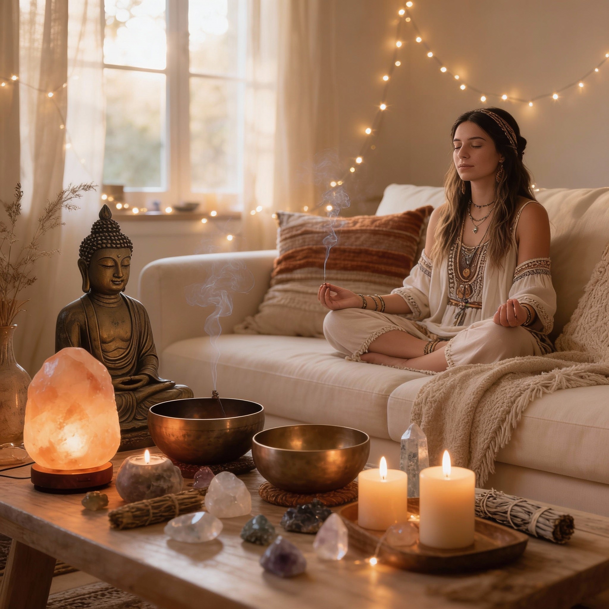 Woman meditating in a cozy living room with a Buddha statue, candles, and crystals.