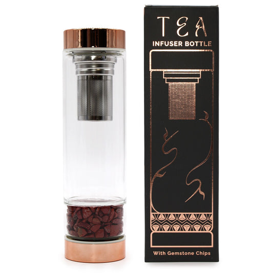 Crystal Glass Tea Infuser Bottle – Rose Gold & Red Jasper | Gift of Strength & Vitality | 1