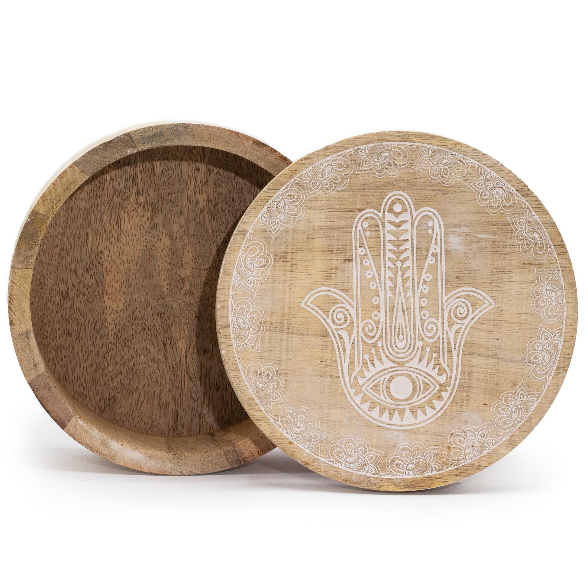Hamsa Whitewash Round Box (17.5 × 7.5 cm) | Protection, Peace & Artisan Spirit