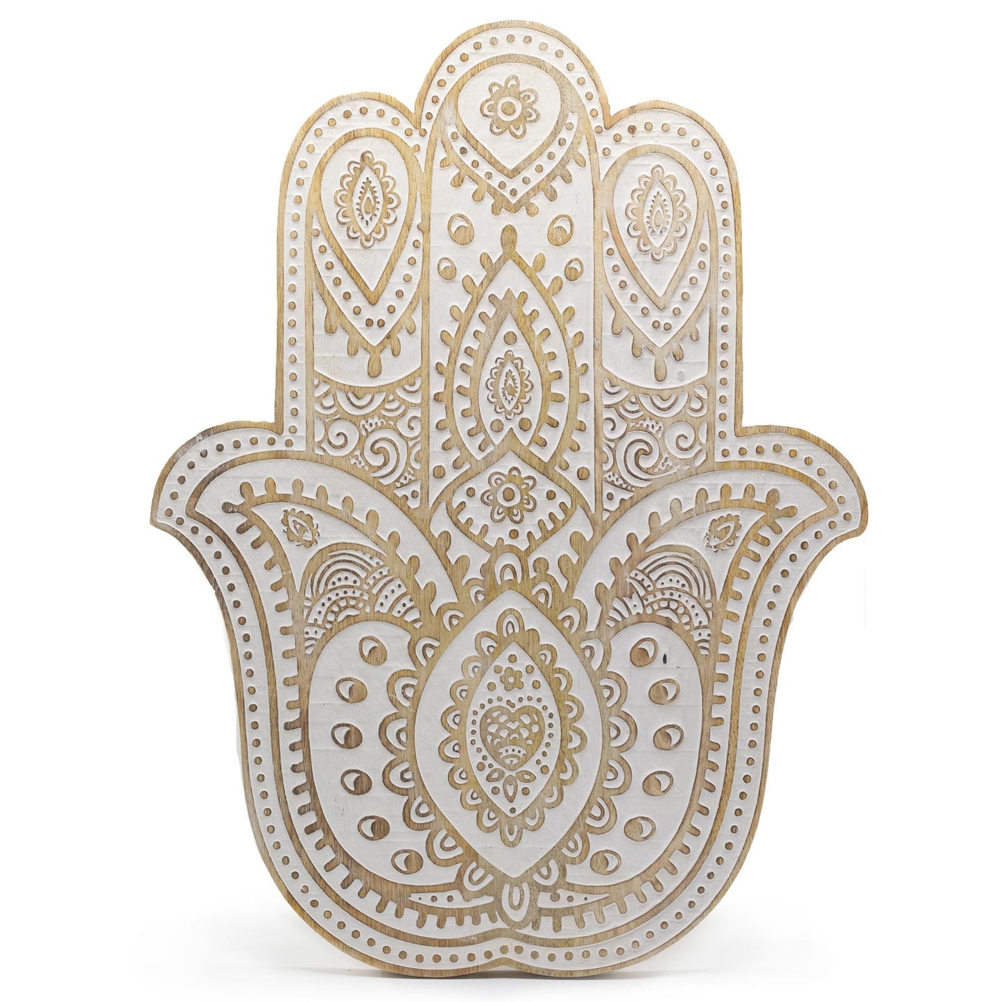 Mango Wood Hamsa Wall Plaque – Whitewash | Protection, Peace & Sacred Symbolism | 3