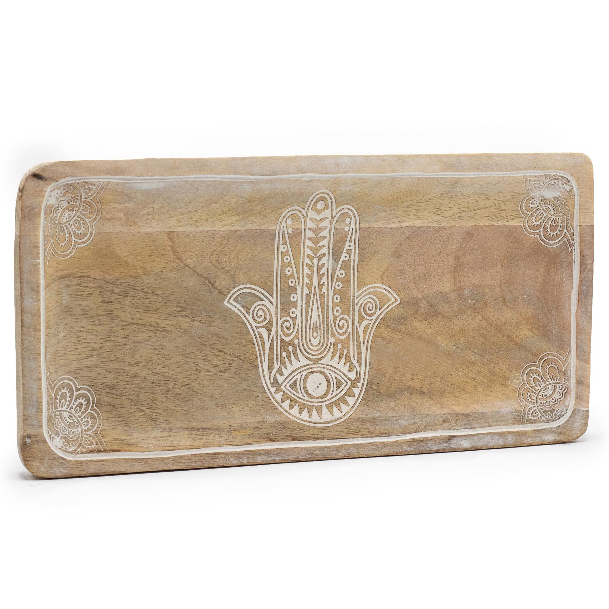 Long Tray – Hamsa Design Whitewash | Protection, Peace & Sacred Craft