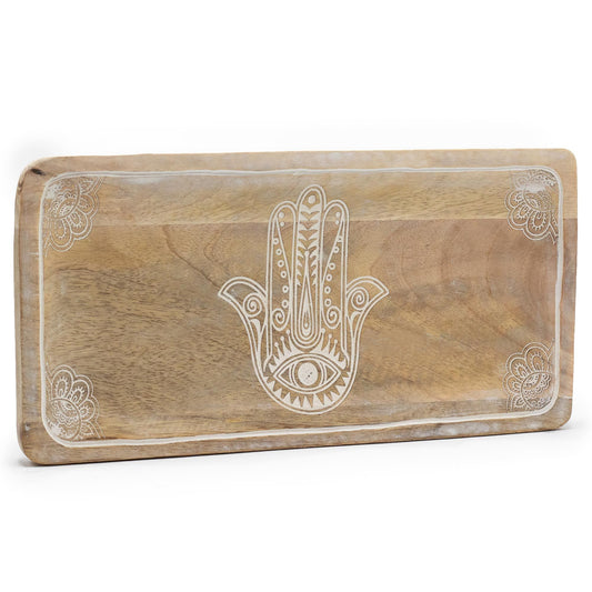 Long Tray – Hamsa Design Whitewash | Protection, Peace & Sacred Craft