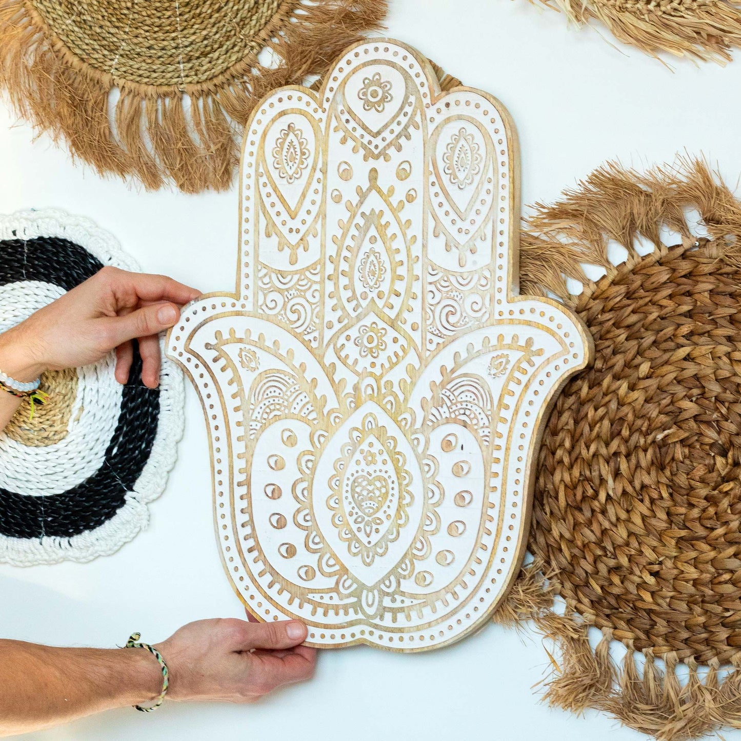 Mango Wood Hamsa Wall Plaque – Whitewash | Protection, Peace & Sacred Symbolism | 1