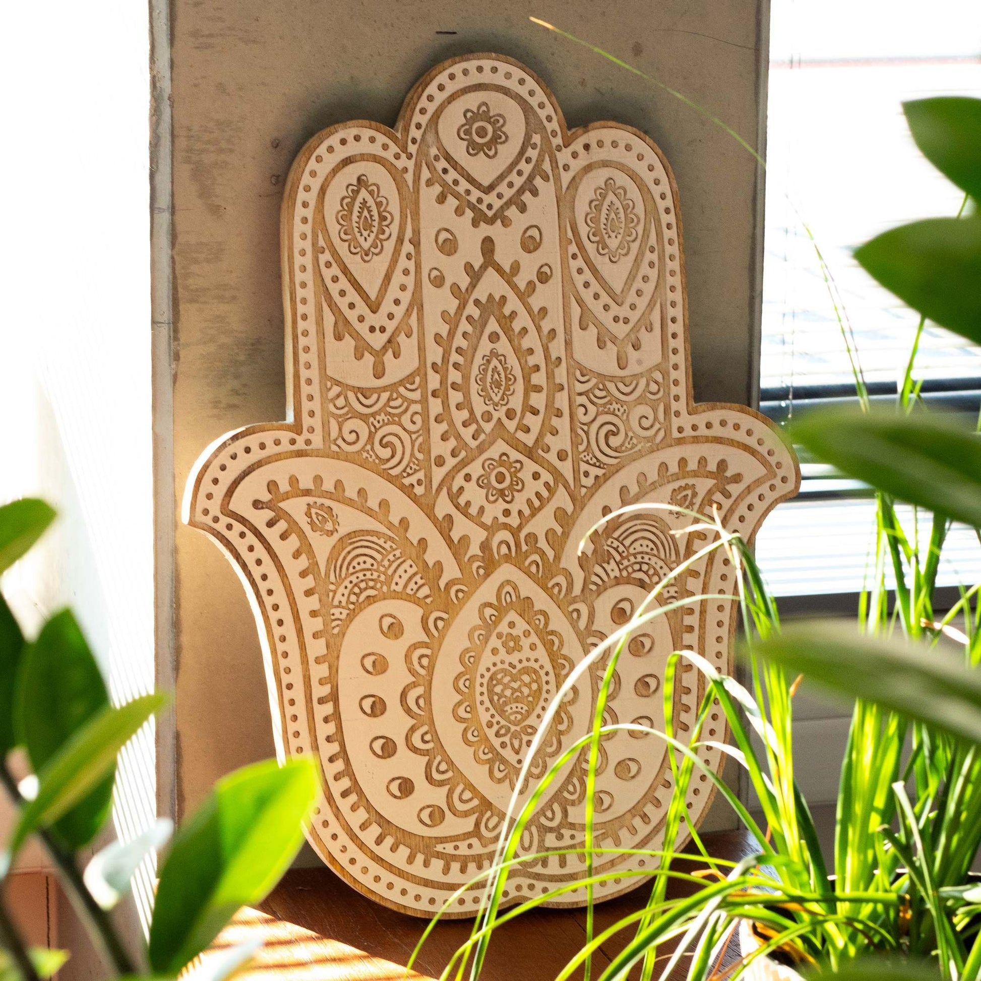Mango Wood Hamsa Wall Plaque – Whitewash | Protection, Peace & Sacred Symbolism | 2
