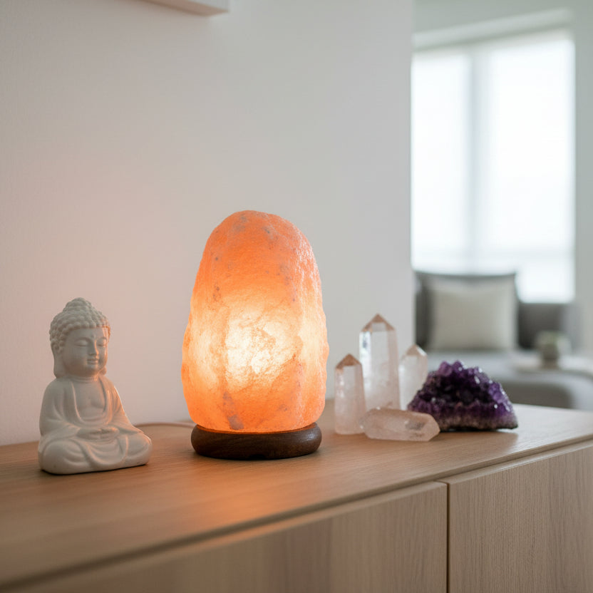 2–3kg Himalayan salt lamp creating soft, grounding light