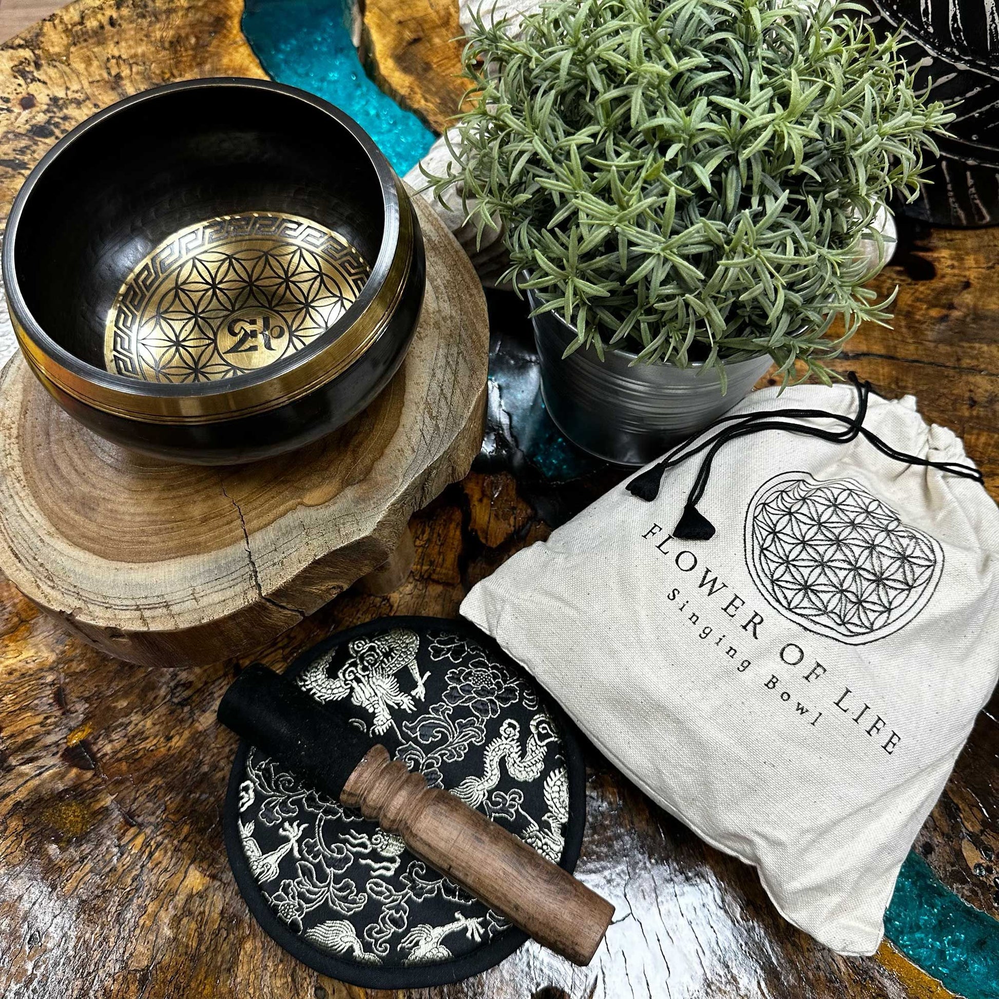 Hand-Beaten & Engraved Singing Bowl Gift Set | Flower of Life | Stillness & Renewal | 1