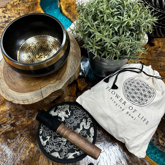 Hand-Beaten & Engraved Singing Bowl Gift Set | Flower of Life | Stillness & Renewal | 1