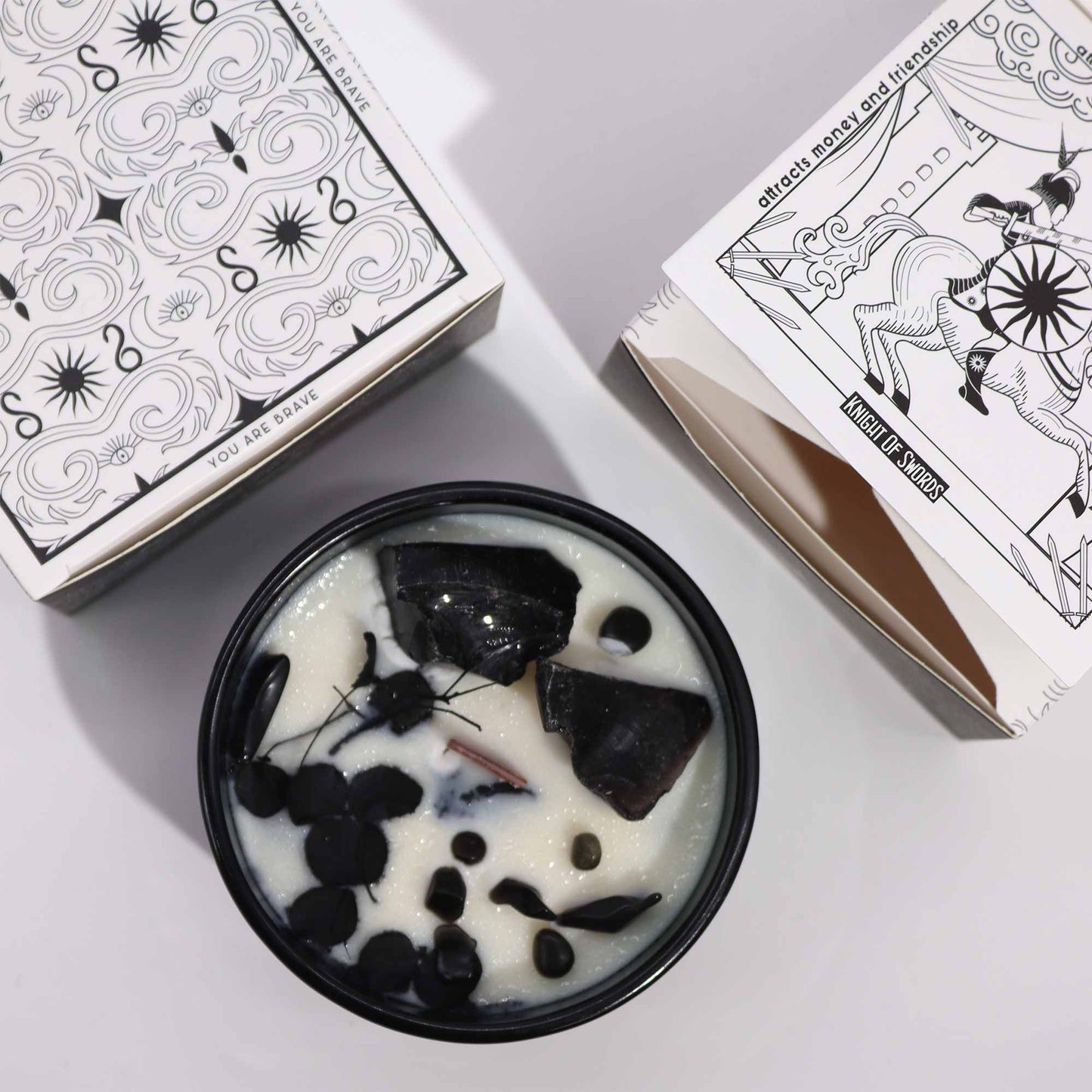 Hop Hare Crystal Magic Flower Candle – The Knight of Swords | Black Obsidian & Cedar Castle | 4