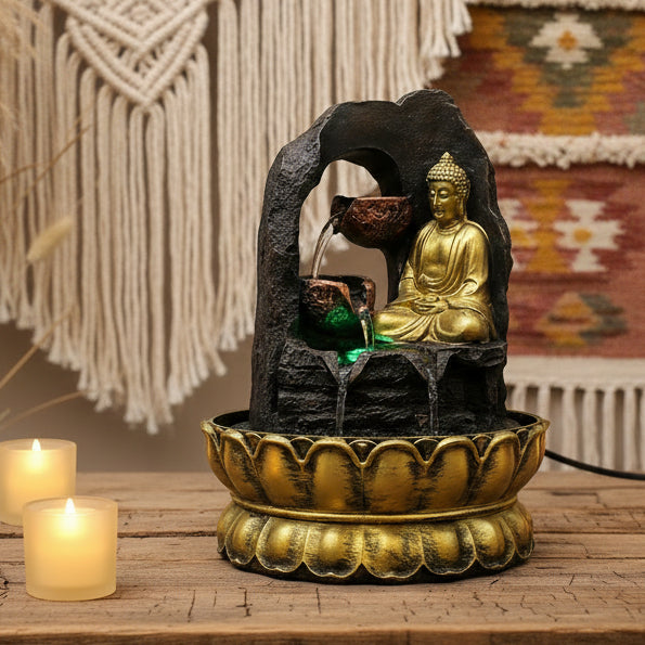 Golden Meditating Buddha Tabletop Water Fountain