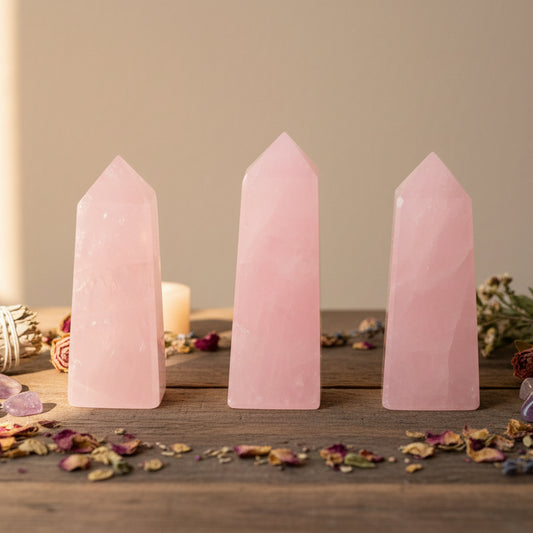Rose Quartz crystal obelisk tower symbolising love, compassion and emotional healing