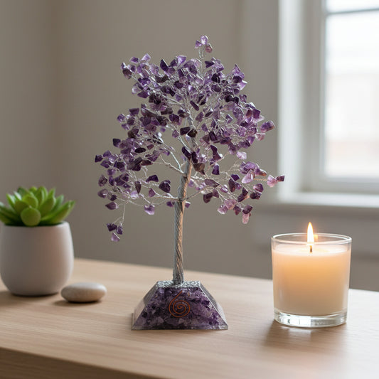 Amethyst gemstone tree with around 320 polished stones set on an orgone energy base.