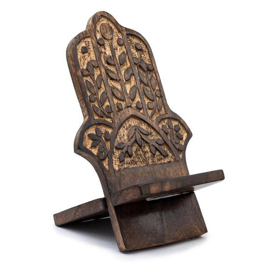 Wooden Carved Phone Stand – Hamsa | Protection, Purpose & Craftsmanship