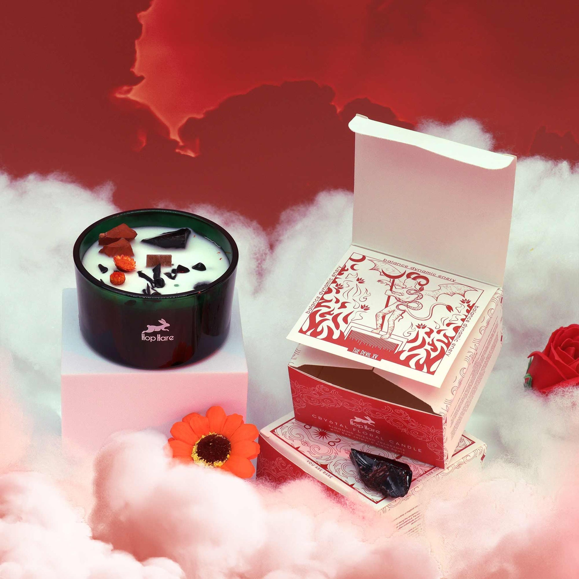 Hop Hare Crystal Magic Flower Candle – The Devil | Red Jasper, Black Agate & Blooming Inferno | 2