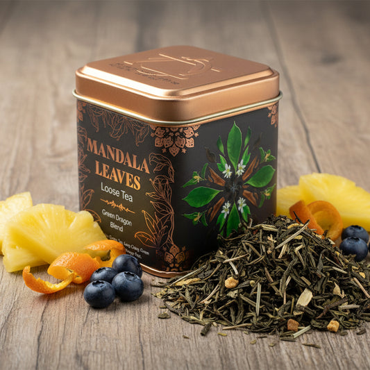 Green Dragon green tea blend with Sencha, Lung Ching and fruit notes in decorative 50g tin