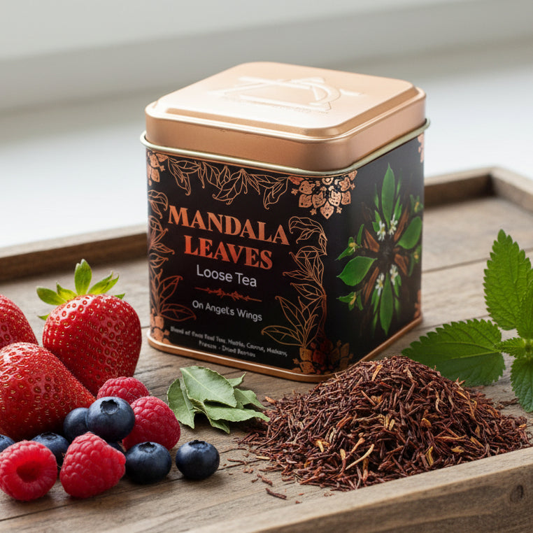 Tin of Rise & Sage On Angels Wings Tea Blend with grey and gold label, featuring rooibos, mate, nettle, strawberry, raspberry, and blueberry, styled in a serene, light-filled ritual setting.