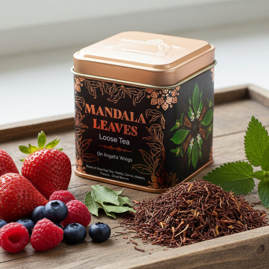 Tin of Rise & Sage On Angels Wings Tea Blend with grey and gold label, featuring rooibos, mate, nettle, strawberry, raspberry, and blueberry, styled in a serene, light-filled ritual setting.