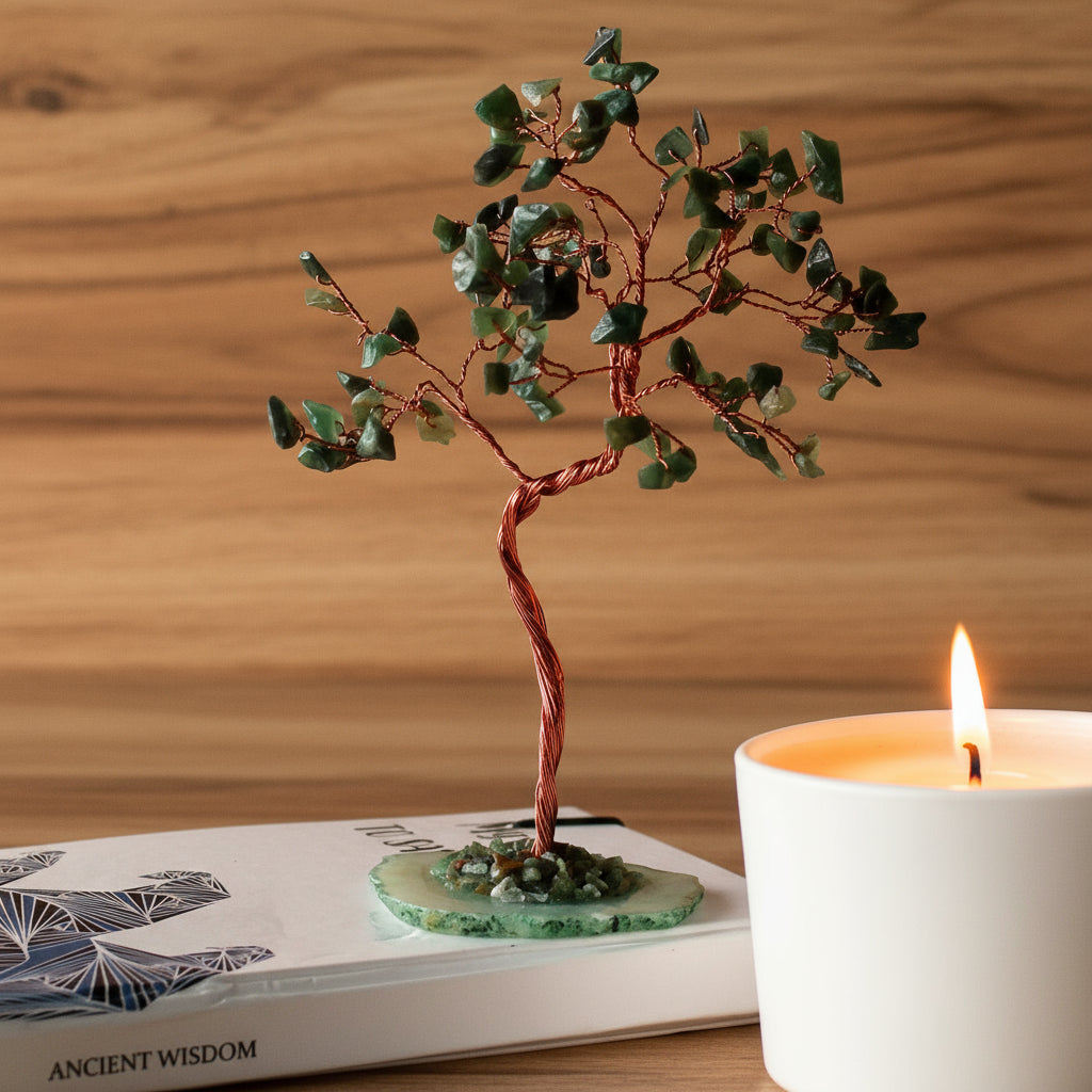 Large Green Aventurine gemstone tree with approximately 100 stones attached, set on a natural Green Agate base.