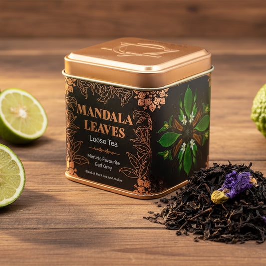 Merlin’s Favourite Earl Grey bergamot black tea blend with mallow flowers in decorative 50g tin