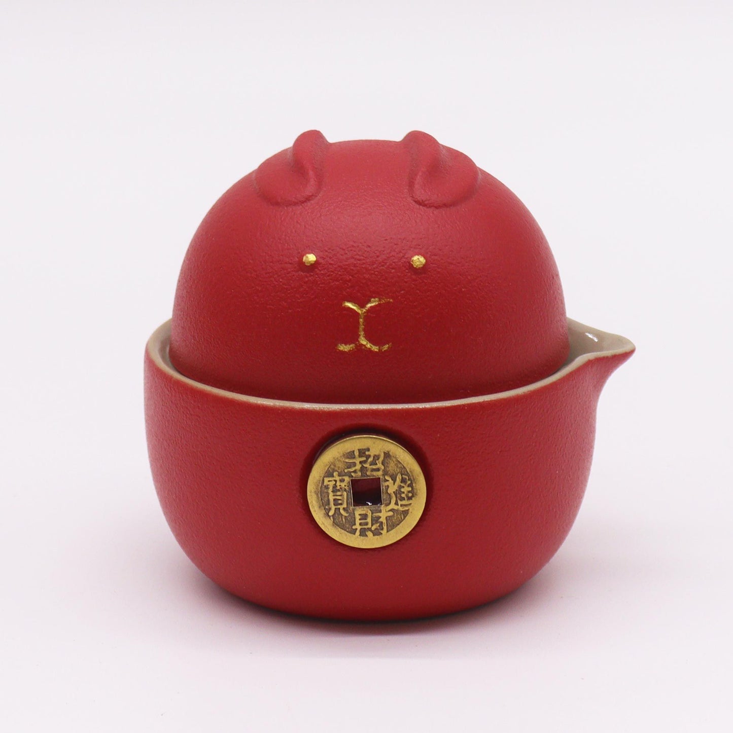 Money Cat Teapot Set with Two Cups & Travel Case – Red | Gift of Prosperity & Joy | 1