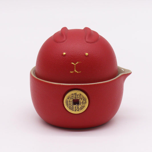 Money Cat Teapot Set with Two Cups & Travel Case – Red | Gift of Prosperity & Joy | 1