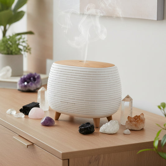Modern ribbed aroma diffuser with wood effect top and colour changing LED light for essential oils and calming home fragrance