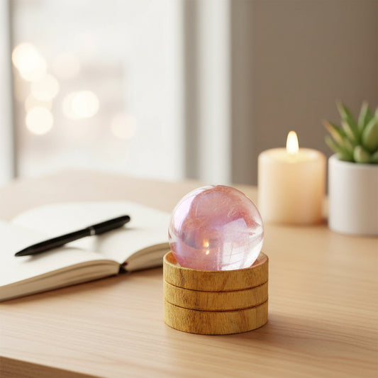 40 mm Rose Quartz Titanium Aura crystal sphere with iridescent finish and display stand.