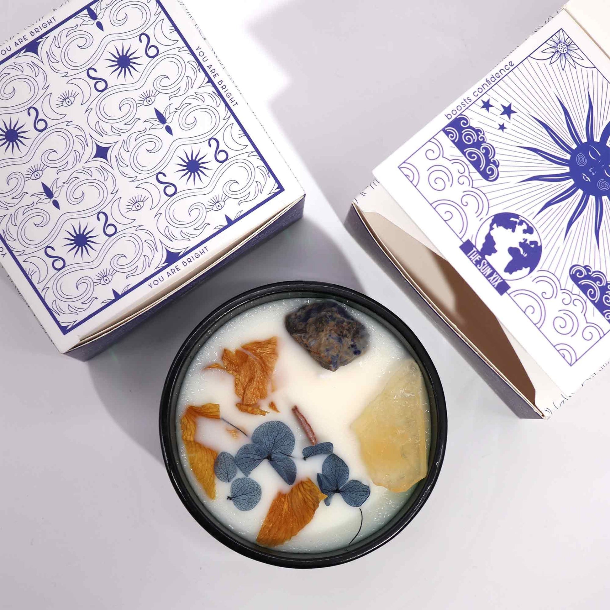 Hop Hare Crystal Magic Flower Candle – The Sun | Citrine, Sodalite & Lemon Horizon | 5