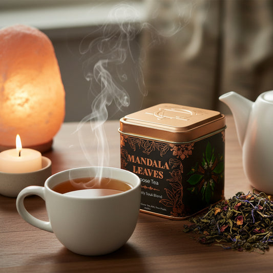 Tin of Rise & Sage Serenity Souk green tea with grey and gold label detailing, inspired by Middle Eastern spice markets, featuring green tea leaves, mint, rose and mallow styled in a calm ritual setting.