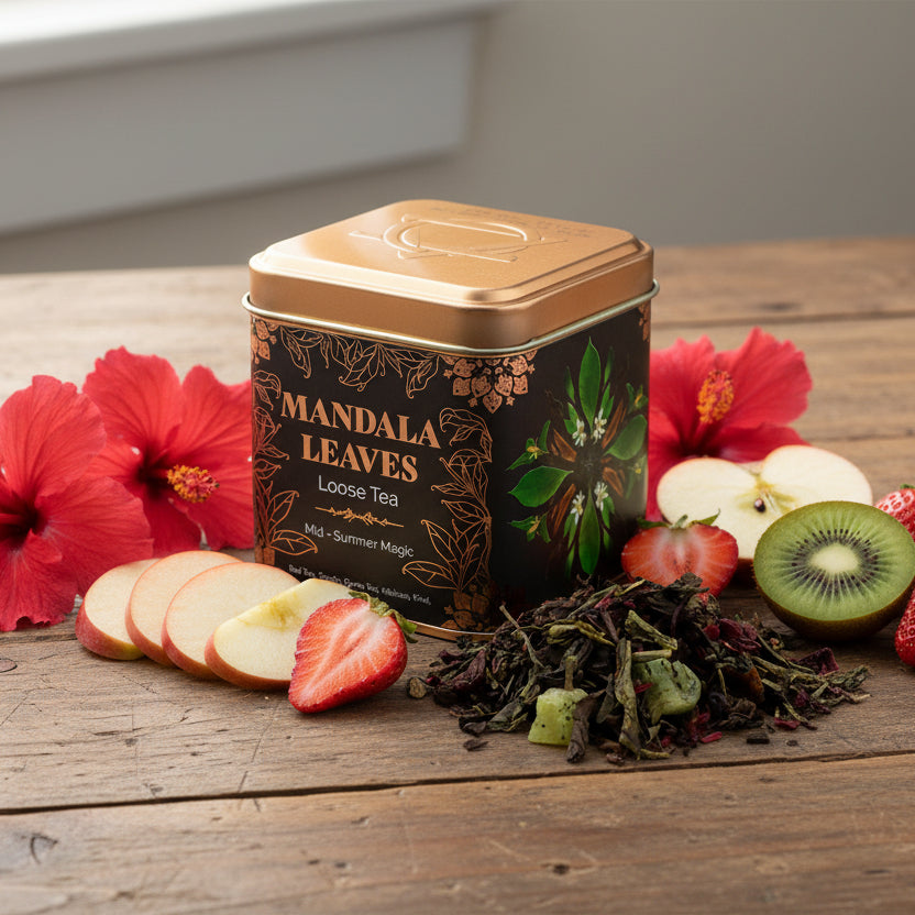 Mid-Summer Magic fruit tea blend with Pu Erh red tea, Sencha green tea and hibiscus in decorative 50g tin