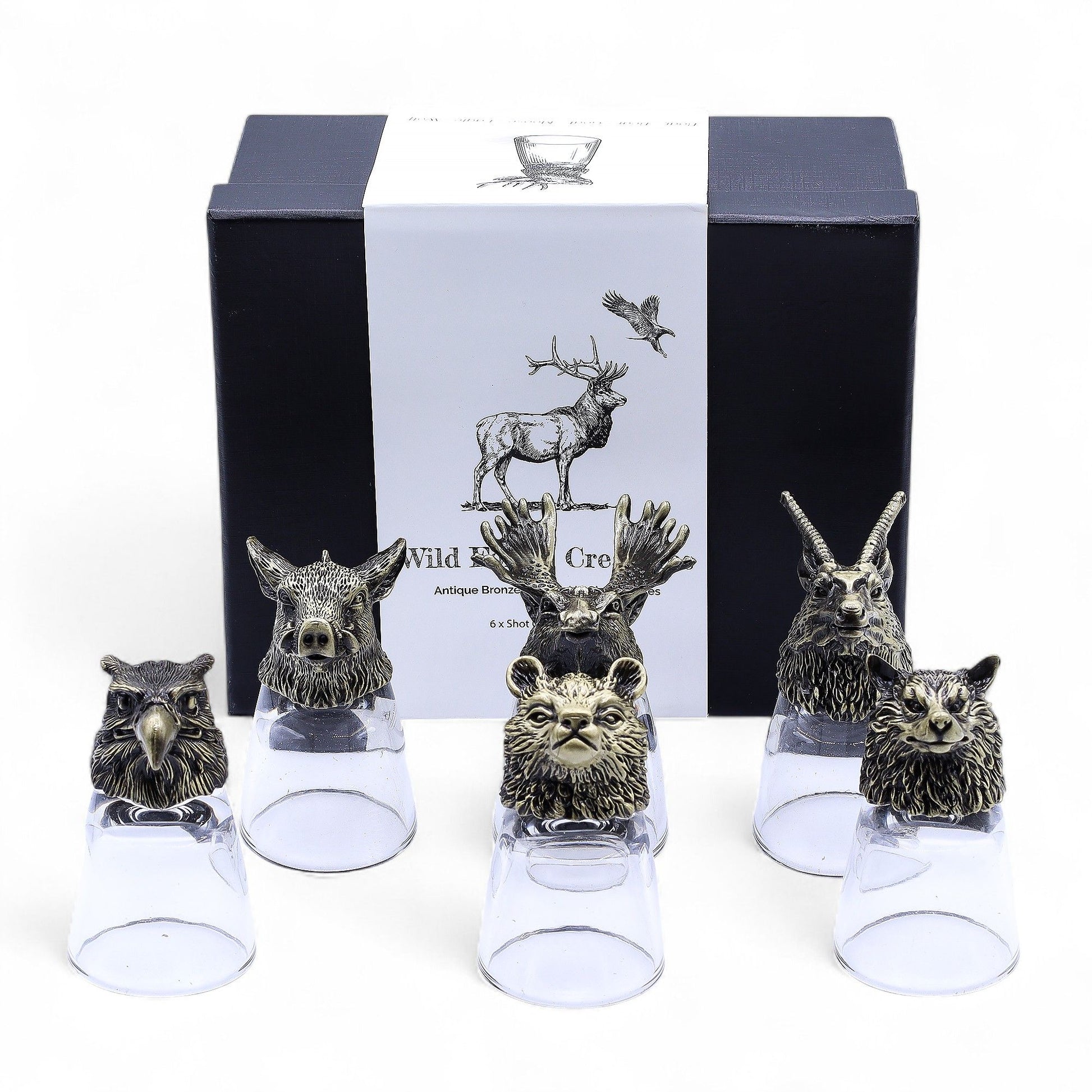 Set of Six Wild Forest Creature Shot Glasses | Antique Bronze Gift Collection (50ml) | 3