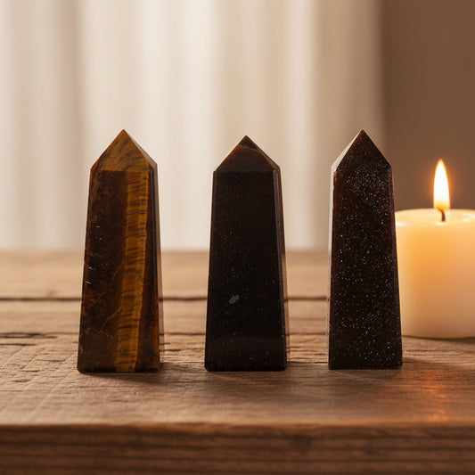 Tiger Eye crystal obelisk tower for confidence, courage and grounding energy in meditation spaces